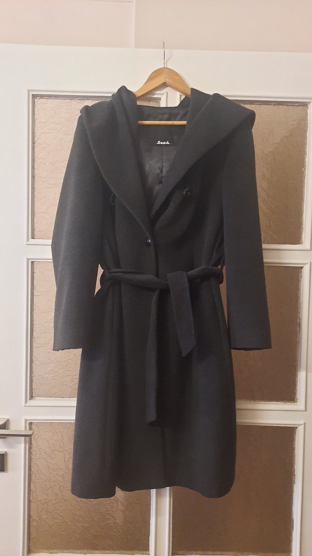 Füme renk,kapişonlu, kemerli, kaban - Görsel 4