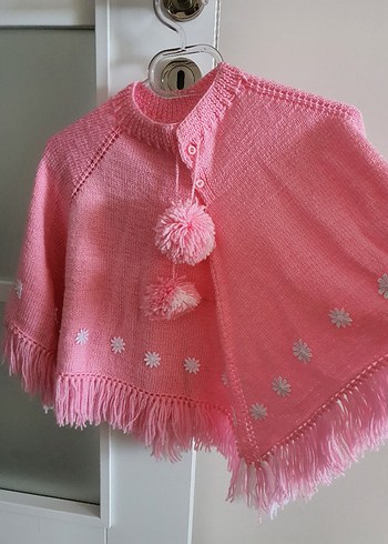 Pembe Nakışlı Örgü Kız Panço - Görsel 2