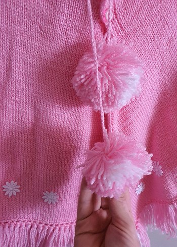 Pembe Nakışlı Örgü Kız Panço - Görsel 4