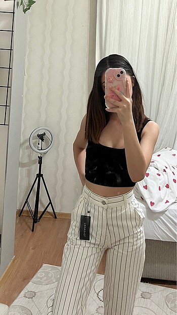 32 Beden ten rengi Renk çizgili yüksel bel wide leg jeans trendyolmilla