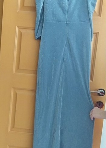 Gri Keten Uzun Drapeli Straplez Elbise - Görsel 2