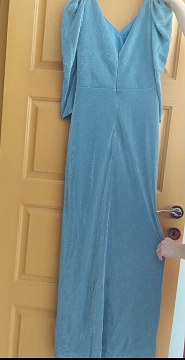 Gri Keten Uzun Drapeli Straplez Elbise - Görsel 2