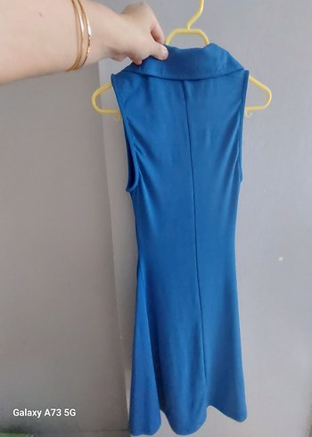 Mavi V Yaka Uzun Kollu Elbise - Görsel 5