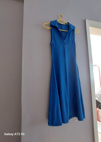 Mavi V Yaka Uzun Kollu Elbise - Görsel 4