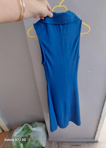 Mavi V Yaka Uzun Kollu Elbise - Görsel 2