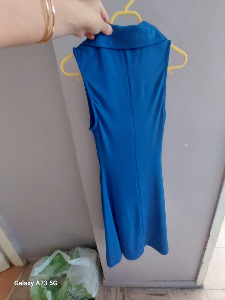 Mavi V Yaka Uzun Kollu Elbise - Görsel 2