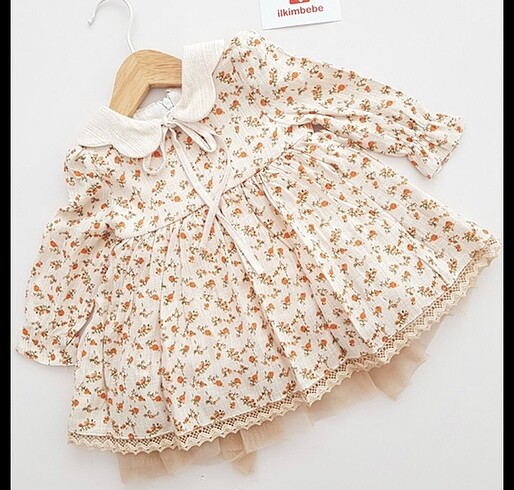 Mymio Baby Kız Bebek Naturel Çiçekli fiyonklu Kahverengi Elbise