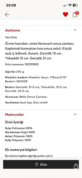  Beden camel Renk H&M hasır çanta