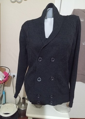 Düğmeli Gri Yün Hırka - Görsel 2