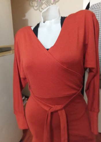 Kemerli Kırmızı V Yaka Triko Elbise - Görsel 5