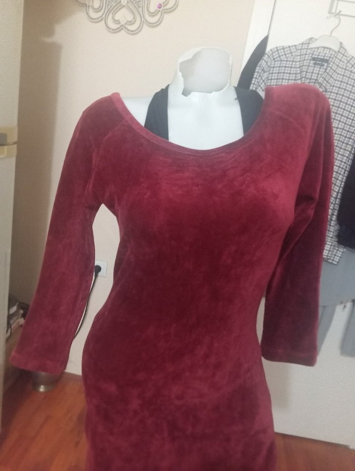 Bordo Süet Bohem Kadın Triko Elbise - Görsel 2