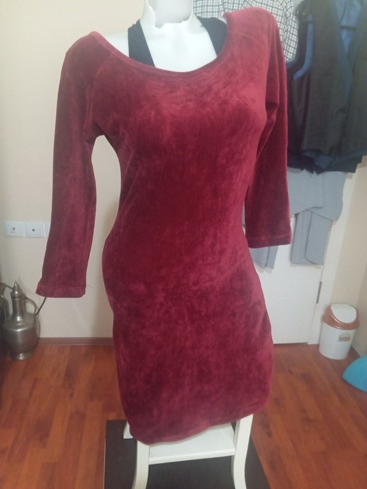 Bordo Süet Bohem Kadın Triko Elbise - Görsel 5