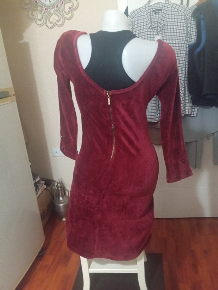 Bordo Süet Bohem Kadın Triko Elbise - Görsel 3