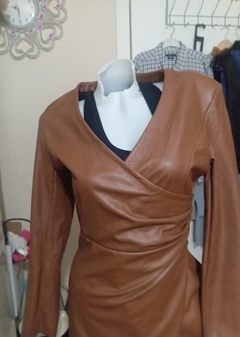 Kahverengi Deri Mini Elbise - Görsel 2