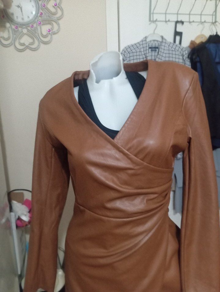 Kahverengi Deri Mini Elbise - Görsel 2