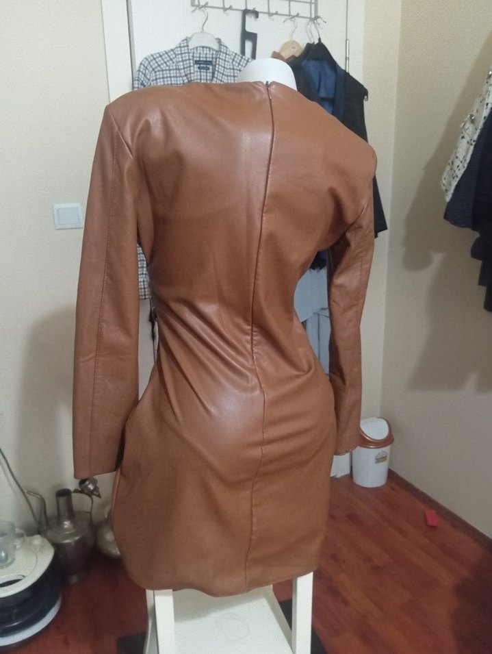 Kahverengi Deri Mini Elbise - Görsel 3