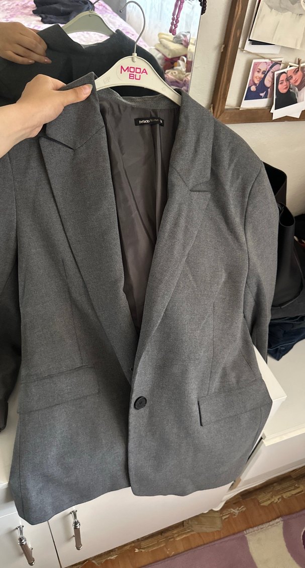 Gri Düğmeli Kadın Keten Blazer Ceket - Görsel 2