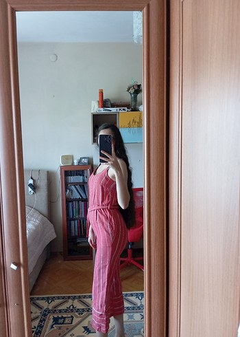 Diğer Pembe Çizgili Straplez Tulum