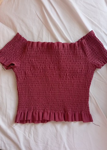 Bordo Fırfırlı Kısa Kollu Triko Bluz