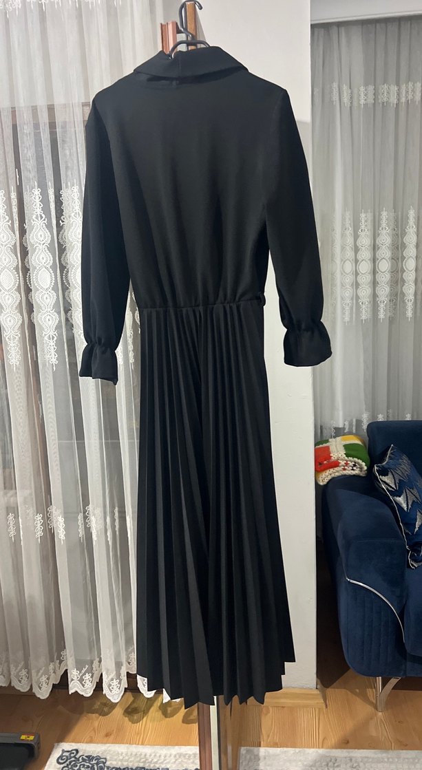 Siyah Uzun Kollu Drapeli Kadın Elbise - Görsel 5