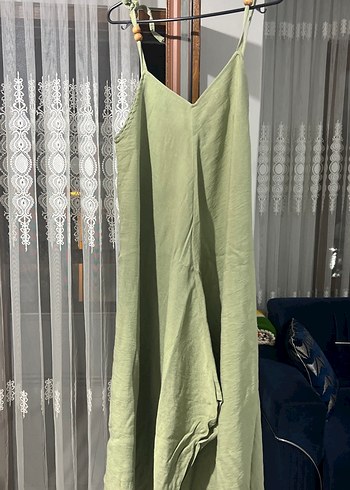 Kadın Yeşil Keten Salaş Uzun Tulum - Görsel 2