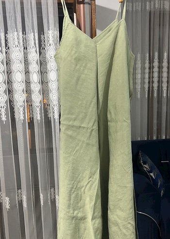 Kadın Yeşil Keten Salaş Uzun Tulum - Görsel 4