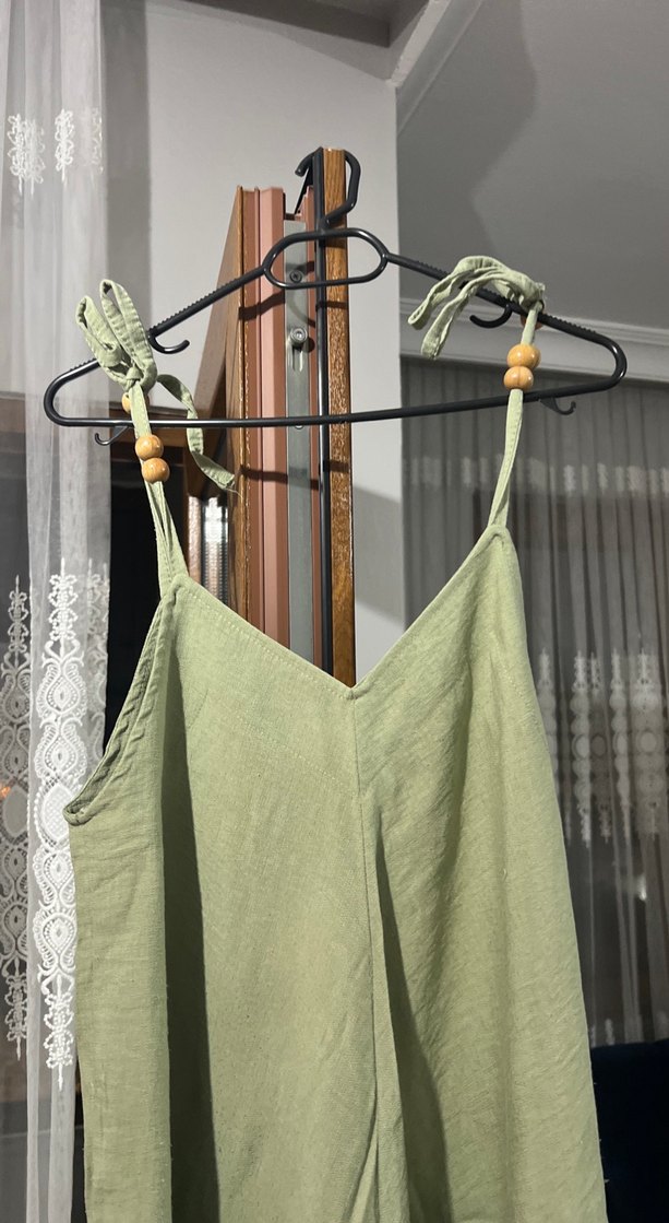 Kadın Yeşil Keten Salaş Uzun Tulum - Görsel 3