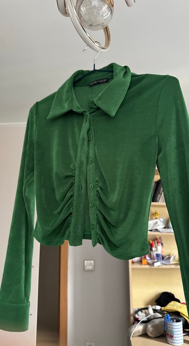 Düğmeli Yeşil Kadın Keten Gömlek - Görsel 3