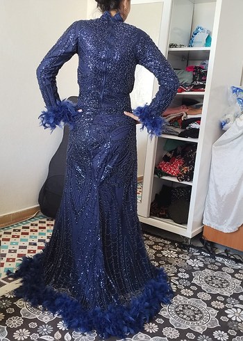 Uzun lacivert Gotik Desenli Kadın Abiye Elbise - Görsel 2