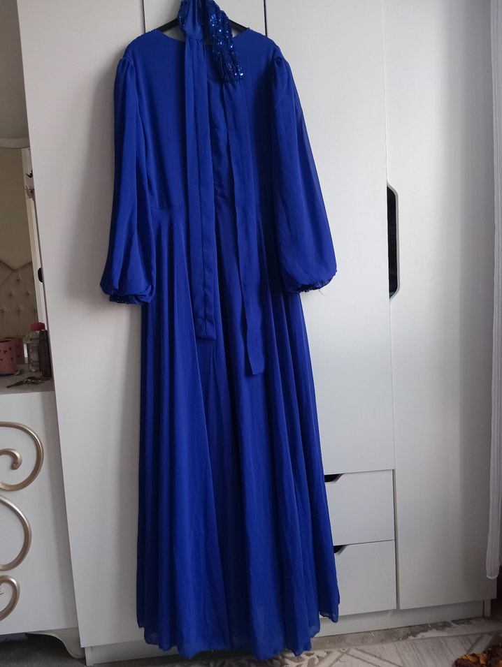 Mavi Uzun Drapeli Abiye Elbise - Görsel 2