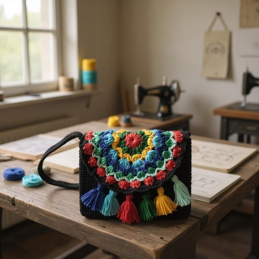 Renkli Nakışlı Bohem Örgü Çapraz Çanta - Görsel 3