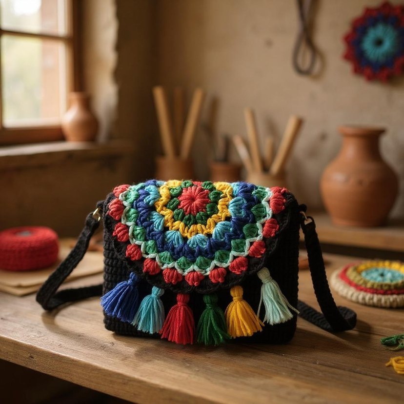 Renkli Nakışlı Bohem Örgü Çapraz Çanta - Görsel 2