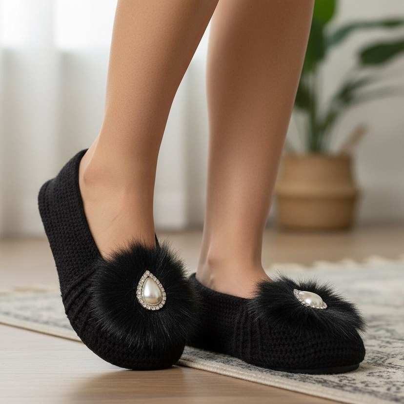 Kürklü İnce Örgü Kız Ev patiği - Görsel 2