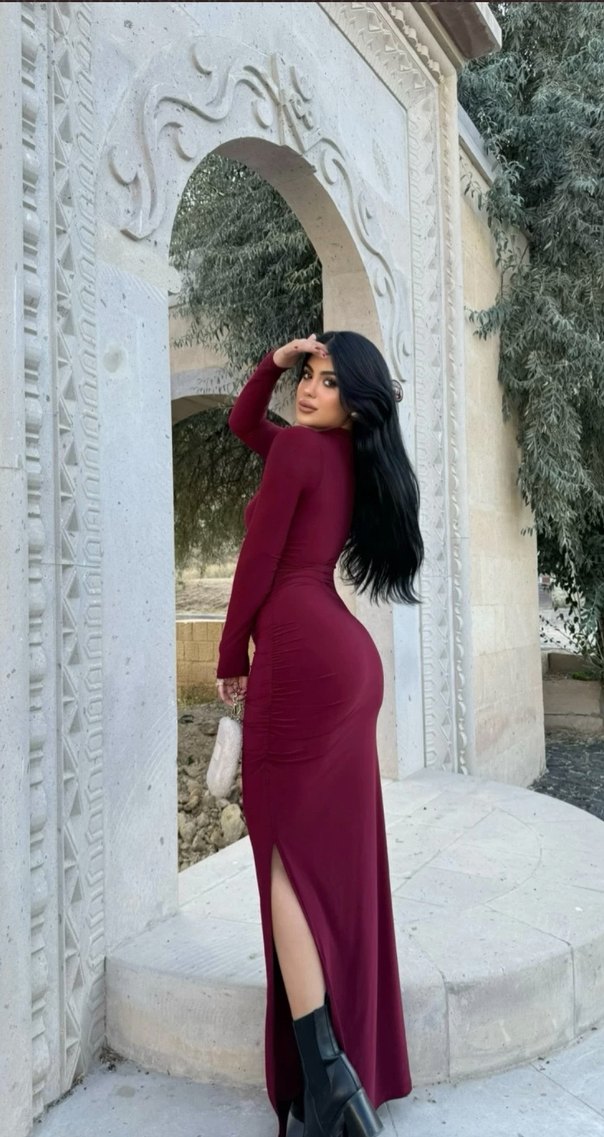 Bordo Uzun Kollu Drapeli Saten Elbise - Görsel 2