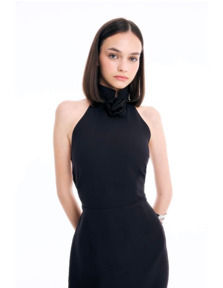 Siyah Uzun Kollu Yüksek Yakalı Kadın Elbise - Görsel 3