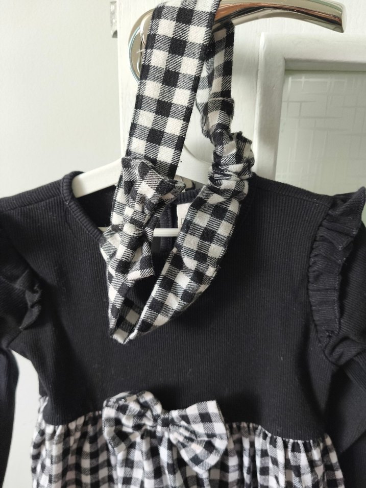 Uzun Kollu Fırfırlı Siyah Kareli Kız Elbise - Görsel 5