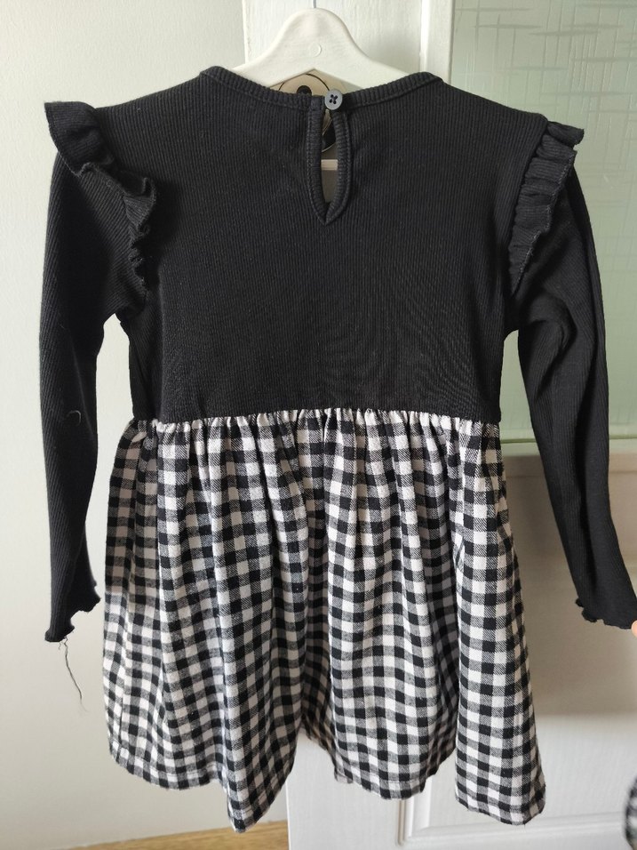 Uzun Kollu Fırfırlı Siyah Kareli Kız Elbise - Görsel 4