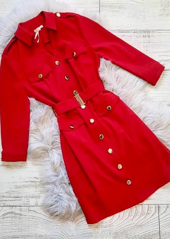 Düğmeli Kırmızı Elbise - Görsel 9