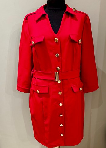 Düğmeli Kırmızı Elbise - Görsel 2