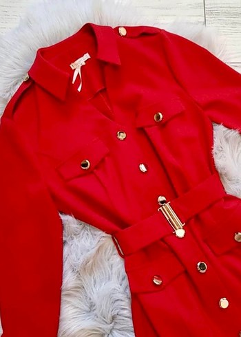 Düğmeli Kırmızı Elbise - Görsel 11