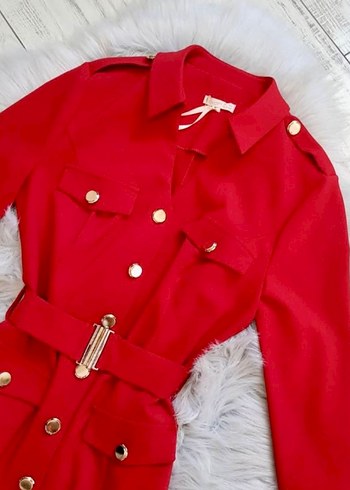 Düğmeli Kırmızı Elbise - Görsel 12