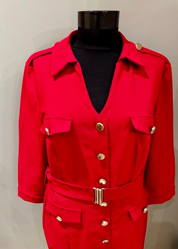 Düğmeli Kırmızı Elbise - Görsel 5