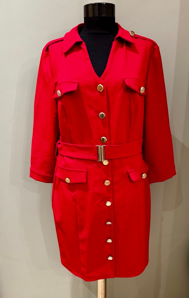 Düğmeli Kırmızı Elbise - Görsel 2