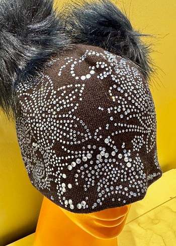 Kristal taşlı Çift ponponlu Kürklü Kadın Bere - Görsel 6