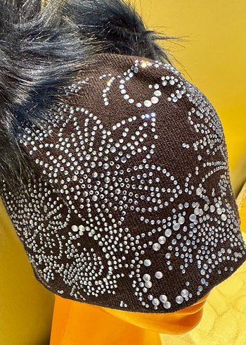 Kristal taşlı Çift ponponlu Kürklü Kadın Bere - Görsel 3