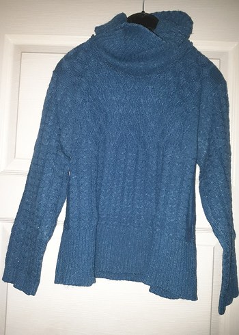 Kadın Mavi Yüksek Yakalı Örgü Kazak - Görsel 3