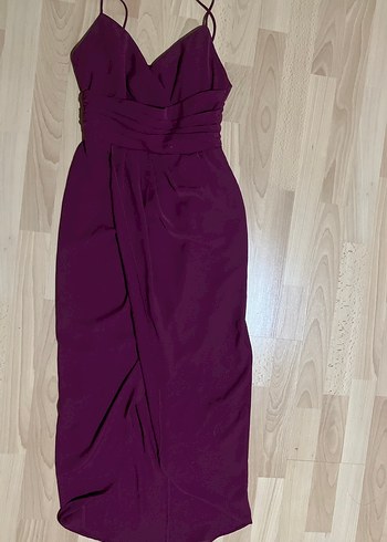 Mürdüm renk Drapeli V Yaka Uzun Kadın Elbise - Görsel 3