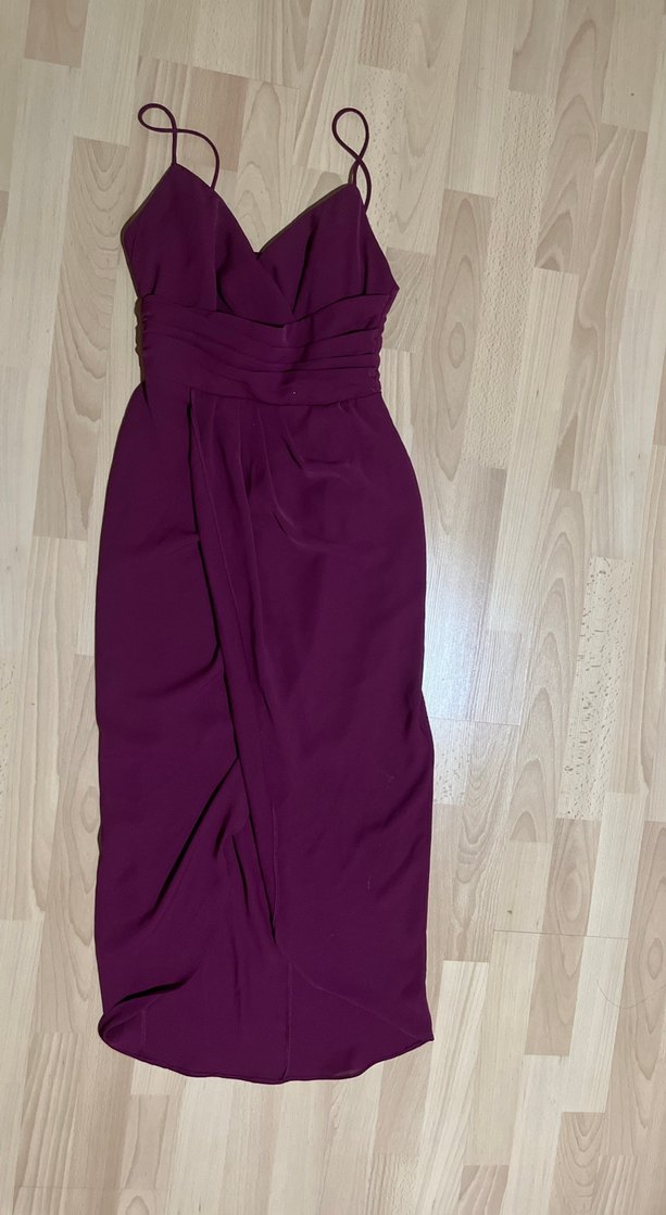 Mürdüm renk Drapeli V Yaka Uzun Kadın Elbise - Görsel 3