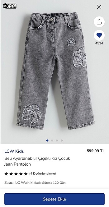 LC Waikiki KIZ ÇOCUK ÇİÇEK DESENLİ GRİ JEAN PANTOLON