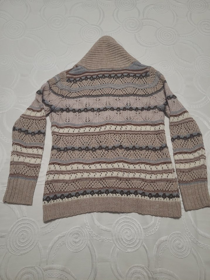 Bej Örgü Desenli Yün Kadın Hırka - Görsel 3